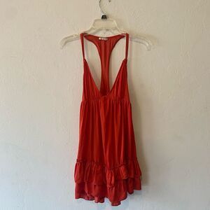 Free People orange with red undertone ruffle tiered shirt dress